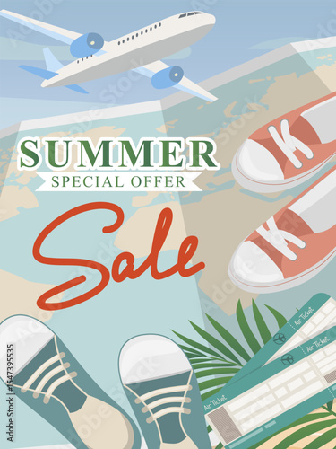 Summer special offer vector illustration with airplane, sneakers, and travel tickets. Perfect for promoting a seasonal travel sale, capturing the excitement of holiday adventures.