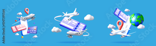 Three 3d illustrations displaying air travel concepts with planes, tickets, credit card, map pin, smartphone and planet earth on blue backdrop.