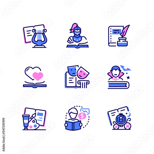 Literary genres - line design style icons set