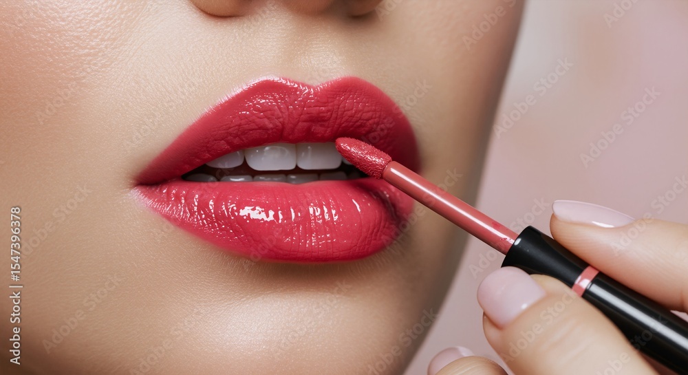 Fototapeta premium Pink lips applying red liquid lipstick on beige background. Macro beauty close up. Lip makeup and cosmetics concept. Image for banner, poster, wallpaper and advertisement