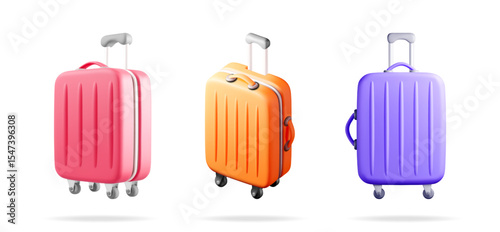 Three colorful travel luggage suitcases standing set. Summer travel and vacation concept. 3d stock vector illustration collection for tourism.