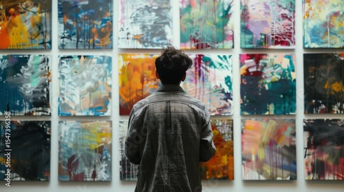 Man observing modern art paintings in contemporary gallery exhibition.