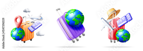 Three 3d travel icons showing vacation planning, worldwide journey, luggage with hat, airplane, tickets, and globe. For travel agency website.