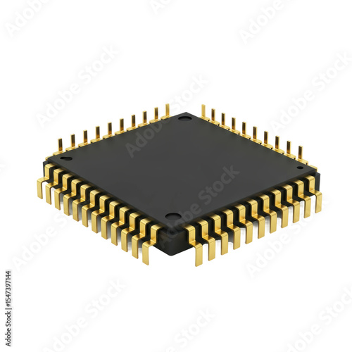 A detailed view of a black microchip with numerous gold pins, representing advanced technology and electronic components crucial for computing and digital systems.