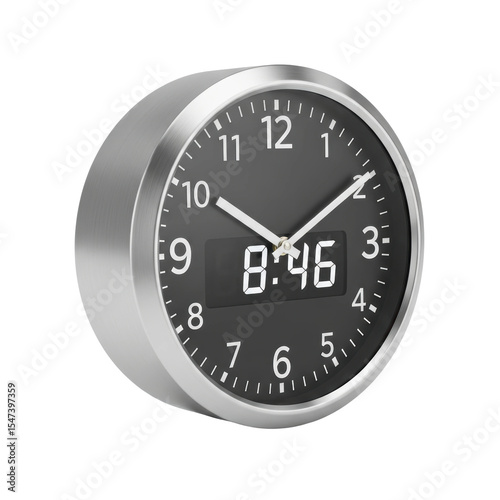 A sleek, modern wall clock featuring both analog hands and a digital display, encased in a stylish silver frame with a black face. Ideal for home, office, or design projects.