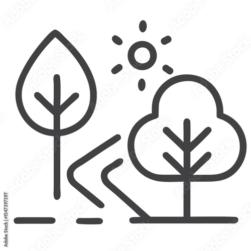 Nature Walk with Trees and Sun Icon for Outdoor Activity Apps, Hiking Blogs, Forest Tourism Websites and Environmental Education Materials