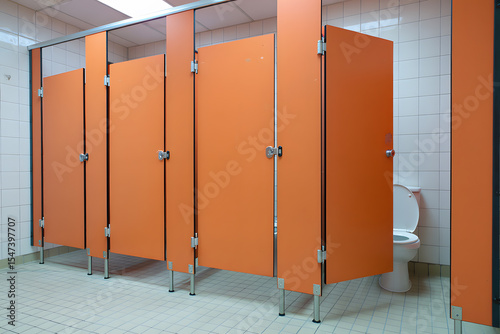 Orange Public Toilet Cubicles with Metal Hardware and White Tile Walls A Functional Restroom Design with Privacy and Durability in a Modern Setting