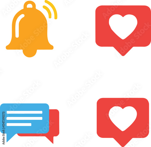 Four social media notification icons, including a bell, heart, and speech bubble, arranged in a grid pattern.