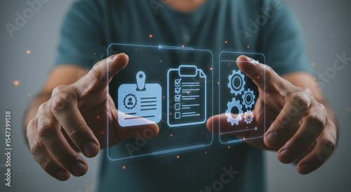Person interacting with digital holographic display photo