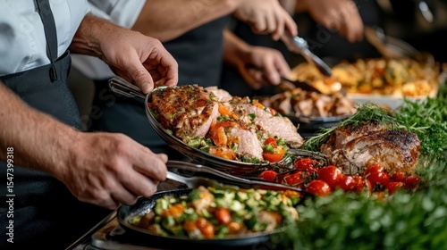 A chef's hands serve a variety of vibrant and appetizing dishes at a buffet, showcasing culinary art and the joy of sharing delicious food in a lively and inviting setting.