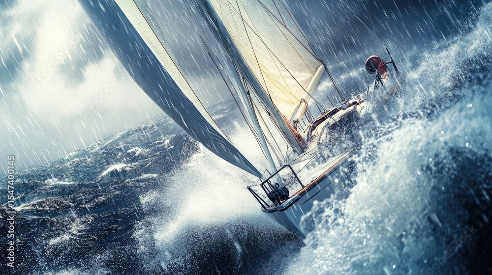 Naklejka premium Hyper realistic 3d render Dramatic Sailing Scene: Yacht Battling Stormy Seas AI Generative