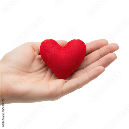 A human hand tenderly cradles a soft, red heart, representing concepts of love, donation, support, and emotional connection. Ideal for themes of charity, health, and romance.