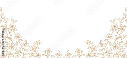 Floral frame in line art style. Background with hand drawn pattern of spring flowers, branches, leaves. Vector illustration with elegant botanical decorative elements