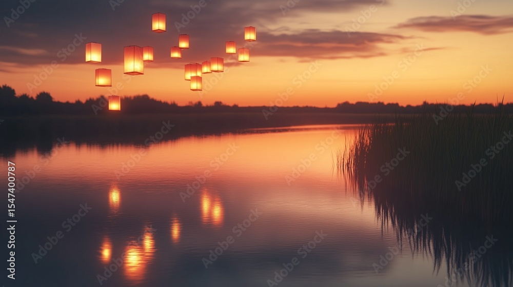 Naklejka premium Beautiful orange sunset reflection over a calm river landscape with clouds