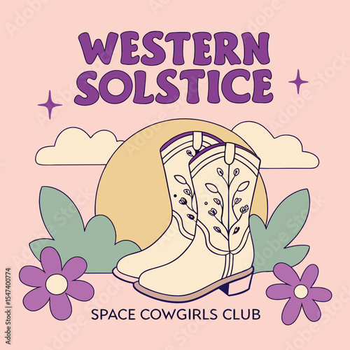Western Solstice Graphic Design Featuring Pair Light Beige Cowgirl Boots Floral Decor Pink Background Space Cowgirls