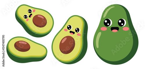 Cute Cartoon Avocados Whole and Halved Illustration