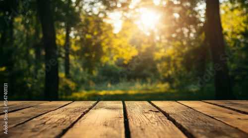 Sunlit forest scene with rustic wooden planks in foreground