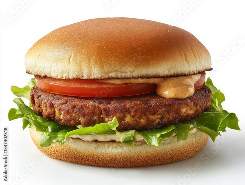 A fusion-style tofu burger with a crispy tofu patty, fresh lettuce, tomato, and vegan aioli on a toasted bun