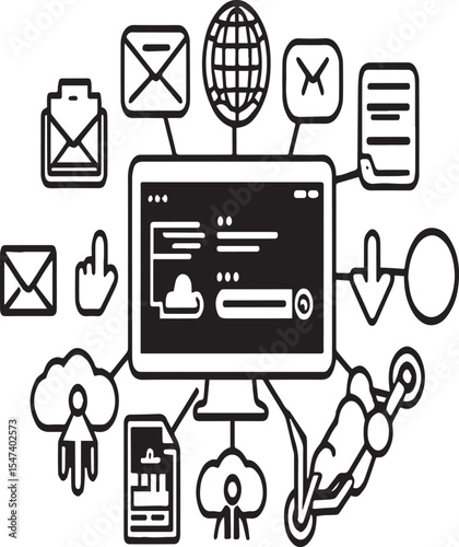 Illustration of a computer screen surrounded by various internet and technology icons and symbols