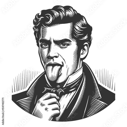 young man pulling at his bow tie and sticking out his tongue defiantly sketch engraving generative ai fictional character vector illustration. Scratch board imitation. Black and white image.