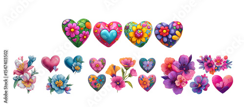 Pack of Vibrant Floral Hearts Perfect for Valentines or Wedding Designs set against transparent Background