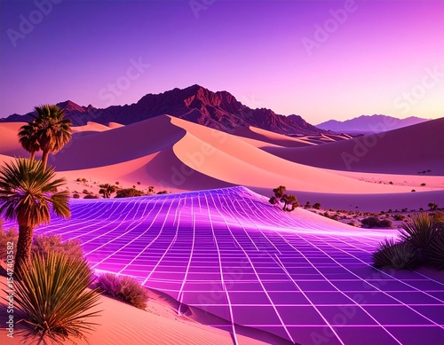 Retro-futuristic desert landscape with palm trees and a glowing neon grid covering the sand. Vibrant pink and purple hues, an 80s sci-fi aesthetic.



