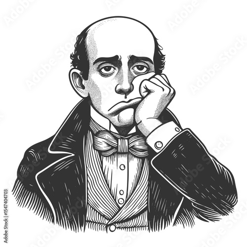 sad, bored-looking man in formal attire resting his cheek on his hand with a tired expression sketch engraving generative ai fictional character vector illustration. Scratch board. Black and white.