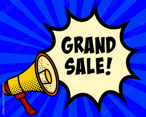 Grand sale announcement speech bubble. Megaphone, speech burst, comic style, bright background, communication element, expression tool, voice projection, information sharing, pop art design.