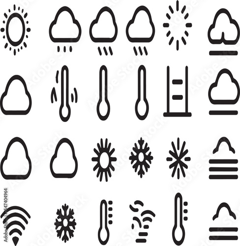Collection of weather icons including sun clouds rain temperature and snow in black and white style