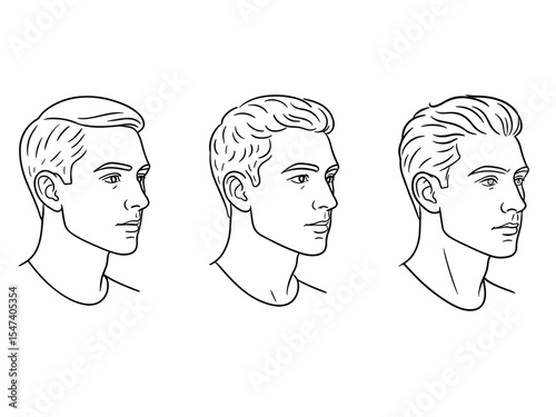 Mens hairstyle vector art: Three style men's profile face showcases distinct hairstyle in vector art, emphasizing line art and clean, modern aesthetic.