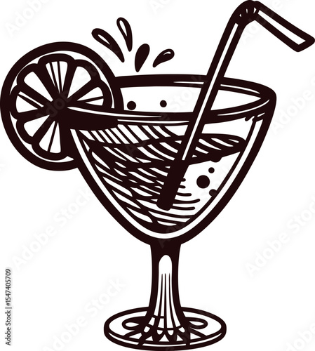 Hand drawn cocktail glass with lemon slice and straw vintage sketch illustration of refreshing drink splash