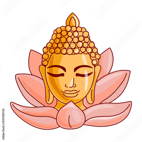 Golden head of Buddha with lotus flower on white background. Vector illustration.
