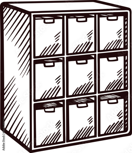 Hand drawn illustration of vintage cabinet with nine drawers in engraved