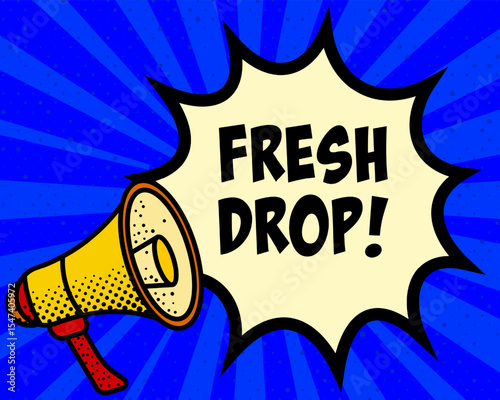 Fresh drop announcement speech bubble. Megaphone, speech burst, comic style, bright background, communication element, expression tool, voice projection, information sharing, pop art design.
