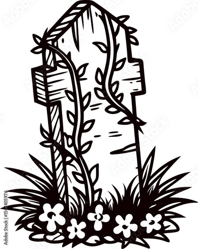 Vintage engraved tombstone with vines and flowers, old gravestone hand drawn illustration on white background