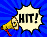 Hit announcement speech bubble. Megaphone, speech burst, comic style, bright background, communication element, expression tool, voice projection, information sharing, pop art design.