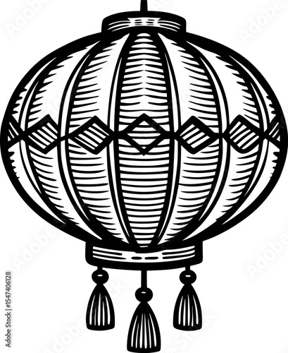 Hand drawn chinese paper lantern illustration with decorative tassels and geometric patterns, vintage