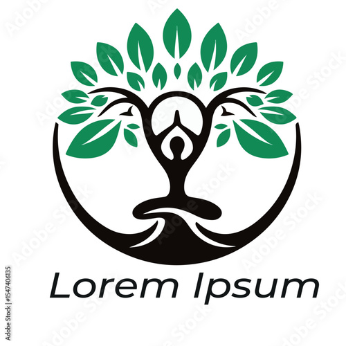  A yoga logo with a tree and a person doing yoga with white baground
