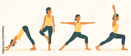 Yoga poses icon. Woman performing downward dog, tree, warrior, and crescent lunge positions. Fitness activity promoting strength, flexibility, mindfulness, and physical balance.