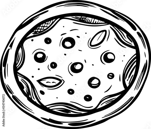 Hand drawn top view of pizza with toppings and melted cheese in black and white sketch illustration