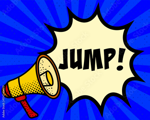 Jump announcement speech bubble. Megaphone, speech burst, comic style, bright background, communication element, expression tool, voice projection, information sharing, pop art design.