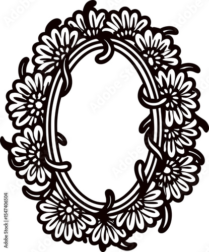 Ornate oval floral frame with blooming daisies and intricate leaves in vintage decorative