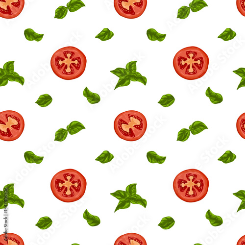 Vector pattern of tomatoes slices and basil leaves. Bright seamless illustration of fresh ingredients for wrapping, kitchen design, packaging, textile prints isolated on white background