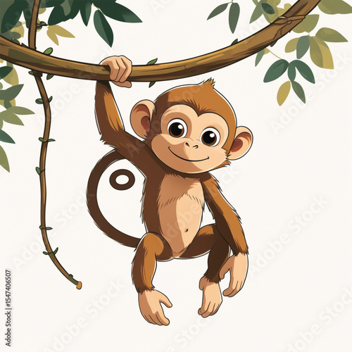 little monkey hanging on a branch on a white background