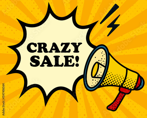 Crazy sale speech bubble. Megaphone, lightning, speech burst, sound lines, pop art style, loudspeaker, public speaking, yellow background, expression, voice, alert, broadcast