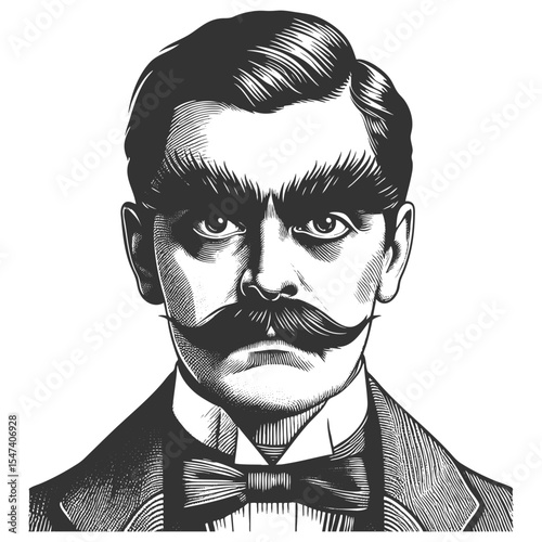 Funny man with thick eyebrows and a full mustache, dressed in formal 19th-century attire sketch engraving generative ai fictional character vector illustration. Scratch board. Black and white image.