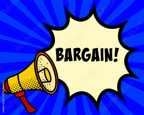 Bargain announcement speech bubble. Megaphone, speech burst, comic style, bright background, communication element, expression tool, voice projection, information sharing, pop art design.