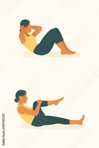 Woman alternating between crunch and knee hold exercises, targeting core strength and endurance using pilates and yoga