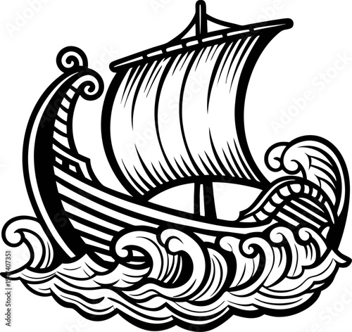 Ancient wooden sailboat with decorative prow sailing on stylized waves in vintage hand drawn engraving illustration
