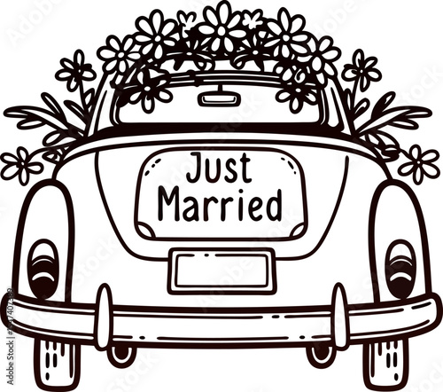 Rear view illustration of classic car with just married sign and floral decorations for wedding celebration
